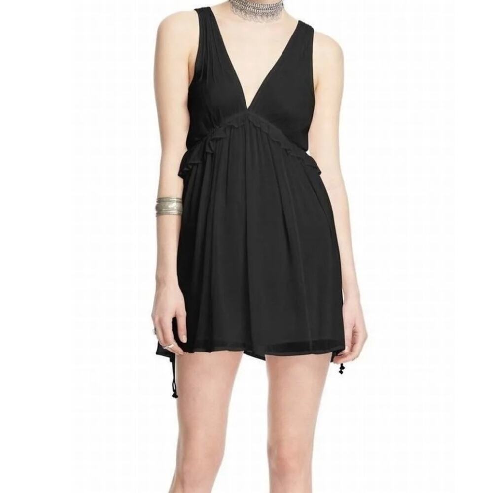 Free People Women Black Semi Sheer Mini Sleeveless Babydoll Dress Flowy Boho S15